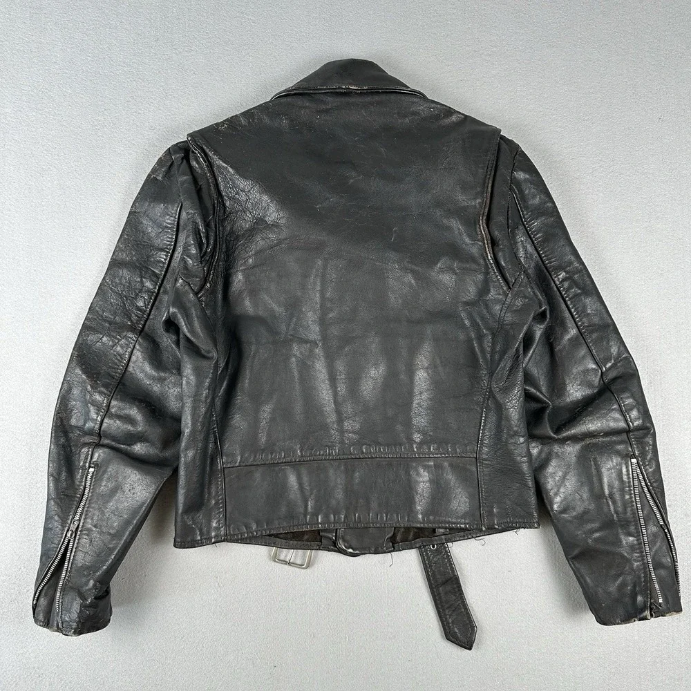 Vintage 60s 70s Leather Motorcycle Jacket Men's 40 Black Unlined Belted Biker